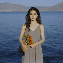 Retro Plaid Pendant Strap Skirt Day Ensemble Writing True Sensation Dress V Collar Sleeveless Cashew Long Skirt Seaside Summer Mid-Length Skirt