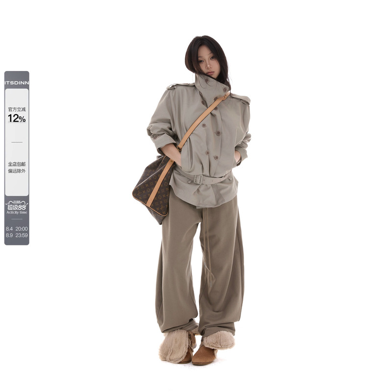 Itsdinn【Authentic】Soft Silhouette Lake Gray Loose Stand Collar Short Trench Coat for Women Itsdinn【Authentic】Soft Silhouette Lake Gray Loose Stand Collar Short Trench Coat for Women