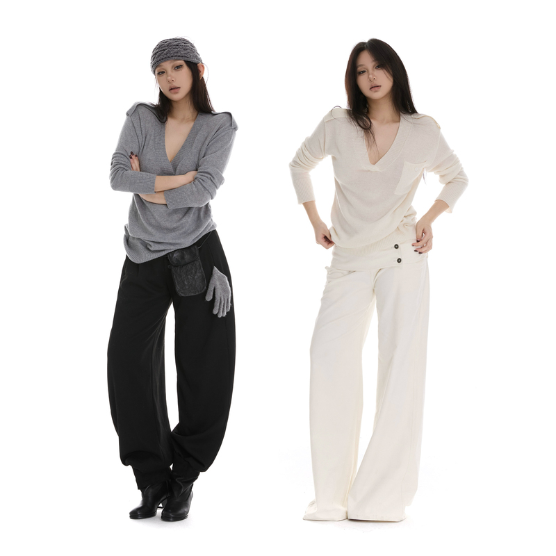 Itsdinn "Basic" Gray/Beige Cashmere Wool Knitwear Shoulder Patch Casual