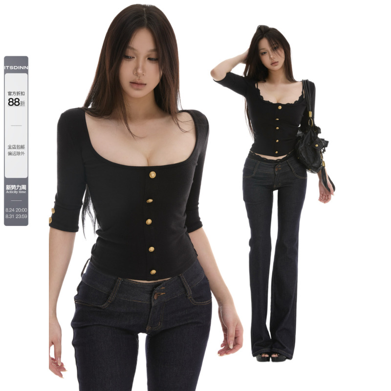 Itsdinn Black Gold Waffle Stylish Square Collar Gold Button Half-Sleeve Short Top Women's Base Shirt