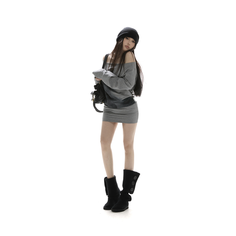 Itsdinn Light Visual Style Asymmetrical Shoulder Low-Waist Slim-Fit Short Bodycon Sweatshirt Dress