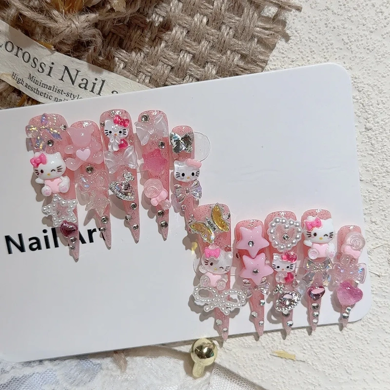 5.0 Extra Long Pointed Cross-Border Kitty Style Jelly Hot Girl European and American Style Heavy Craft Luxury Handmade Wearable Nails Manicure 5.0 Extra Long Pointed Cross-Border Kitty Style Jelly Hot Girl European and American Style Heavy Craft Luxury Handmade Wearable Nails Manicure