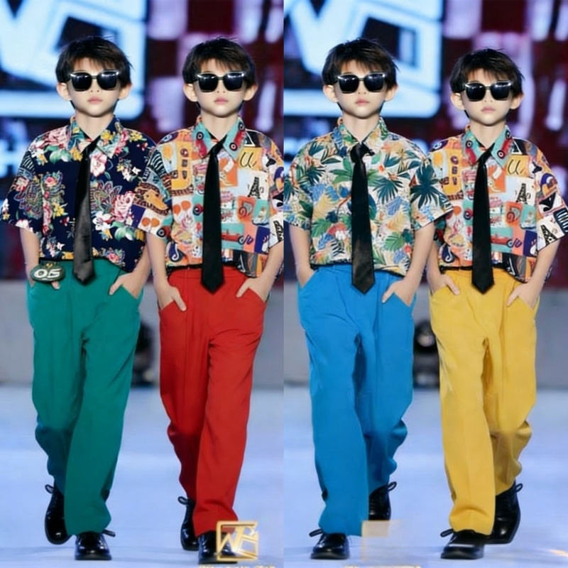 Hong Kong Style Retro Boys' Performance Outfit Short-Sleeved Tropical Style Runway Show Performance Clothing with Tie