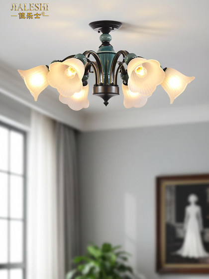 American-Style Living Room Ceramic Chandelier, Retro Dining Room Bedroom Chandelier, Simple Study Room Downlight Led Pendant Light Dual-Use Lighting Fixture