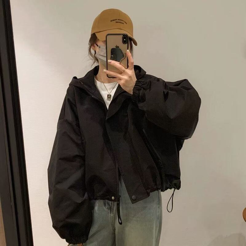 This Year's Trendy Korean-Style Hooded Short Jacket for Women, Petite-Sized Windbreaker, Fashionable Casual Loose Jacket Top