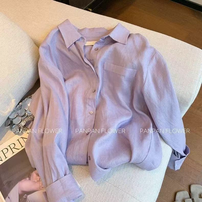 This Year's Popular Light-Mature Style Purple Lazy-Style Long-Sleeved Shirt for Women Has a Stylish Design and a Slimming Effect