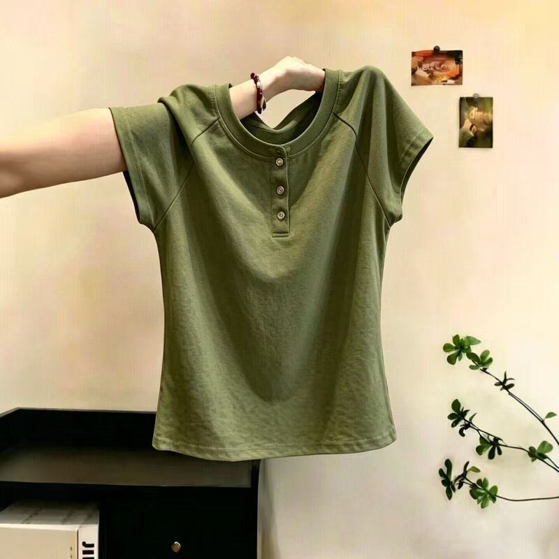 This Year's Popular Light-Mature Style Button Design Short-Sleeved T-Shirt for Women Is Stylish, Unique and Chic Green Top This Year's Popular Light-Mature Style Button Design Short-Sleeved T-Shirt for Women Is Stylish, Unique and Chic Green Top