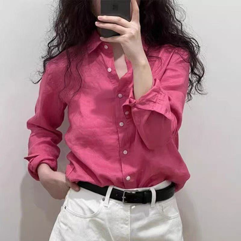 This Year's Popular Korean-Style High-End Rose Red Long-Sleeved Shirt for Women Has a Stylish Design and Is Flattering for the Complexion, Suitable for Commuting