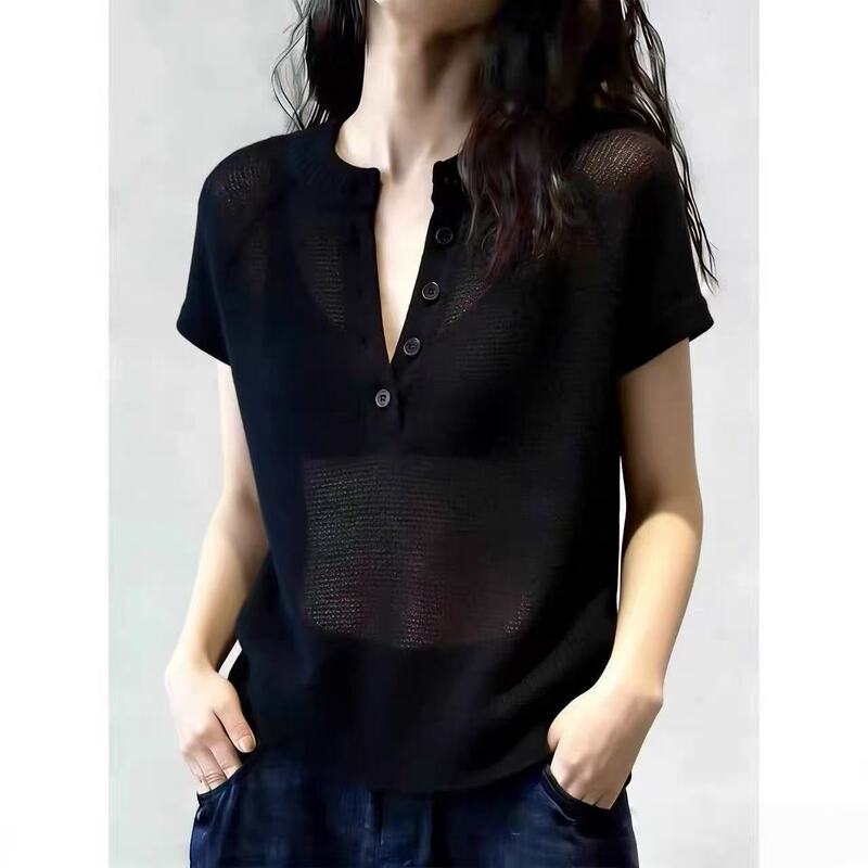 This Year's Popular Black Short-Sleeved Knitted Blouse T-Shirt for Women, Korean Style Half-Open Collar, Versatile and High-End, Slightly See-Through Top