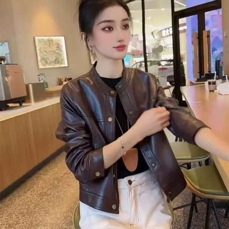 This Year's Popular Light Luxury Retro Stand-Collar Leather Jacket for Women, Popular Motorcycle Short Pu Leather Jacket, Slimming Top