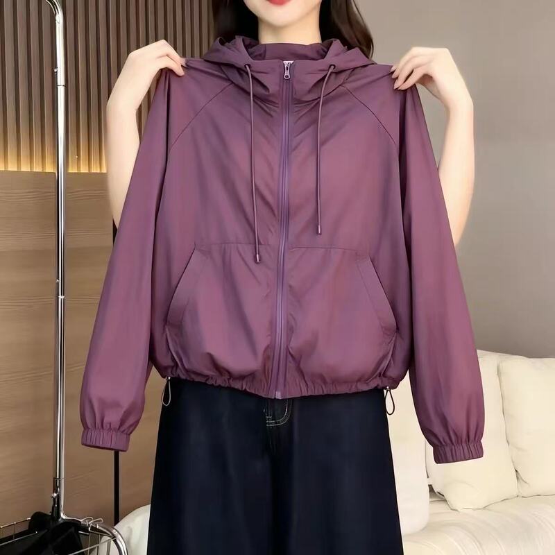 This Year's Popular Light Mature Style Hot-Selling Purple-Red Hooded Zip-Up Cardigan Jacket for Women, Long-Sleeved Outdoor Jacket Top