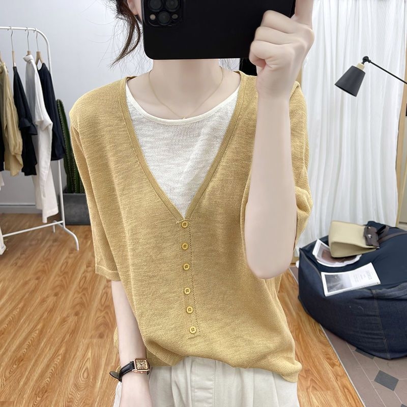 This Year's Popular Ice Silk Round-Neck Fake Two-Piece Short-Sleeved Knit Top for Women, Korean Style T-Shirt, Age-Reducing Top, Air-Conditioning Shirt, Trendy