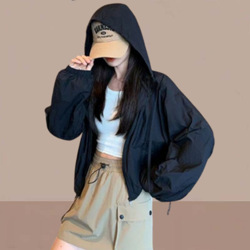 This Year's Popular Drawstring Hooded Sun Protection Clothing for Women, Short, Thin, Casual Sports, Outdoor Slimming Jacket, Trendy Tops