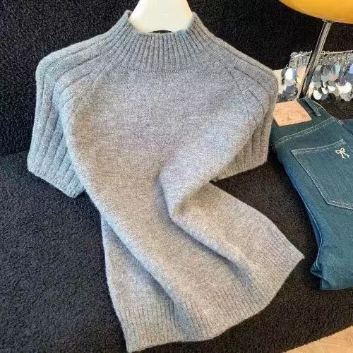 This Year's Popular Korean-Style Design Half-High Collar Short-Sleeved Knit Top for Women, Simple and Stylish Solid Color Slim-Fit Top