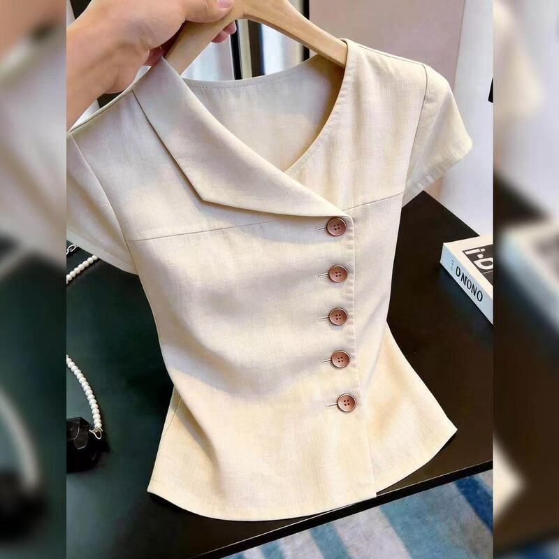 This Year's Popular Light Mature Style Irregular Lapel Short-Sleeved Shirt for Women, Slim Fit, Single-Breasted Design, Stylish Top