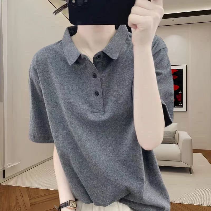 This Year's Popular Korean-Style Pure Cotton Collared Short-Sleeve T-Shirt for Women, Plus-Size Vintage Top, Versatile Polo Shirt, Trendy Tee