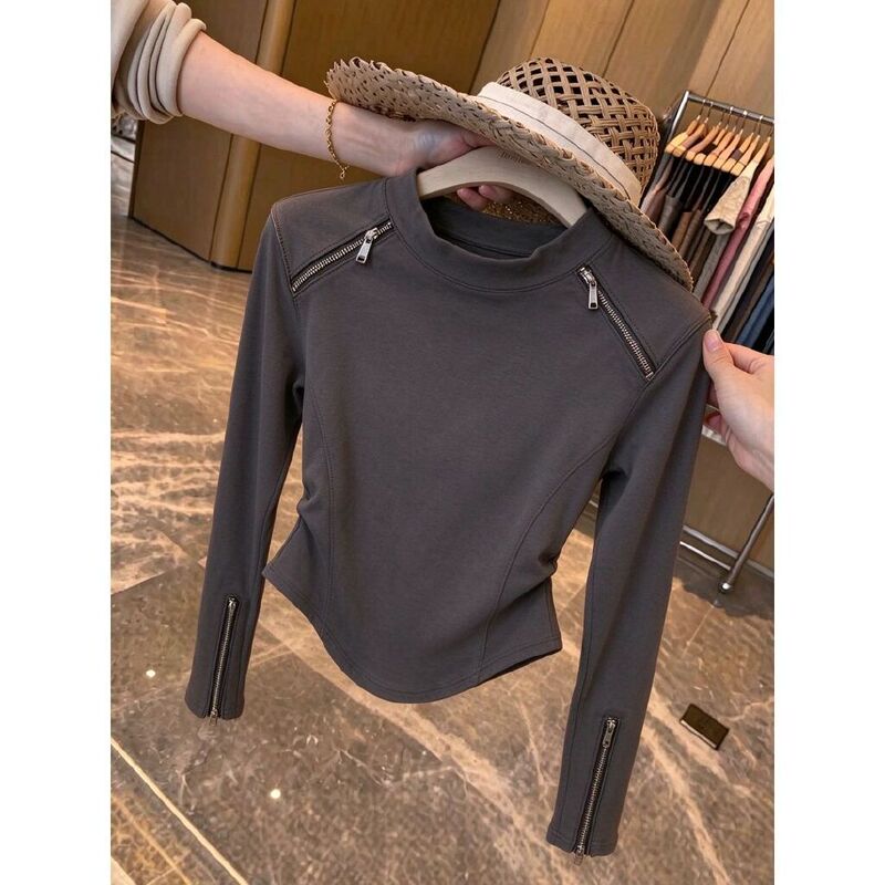 This Year's Popular Light-Mature Style Niche Zipper Patchwork Thermal Base Shirt for Women with Unique Design and Trendy Top