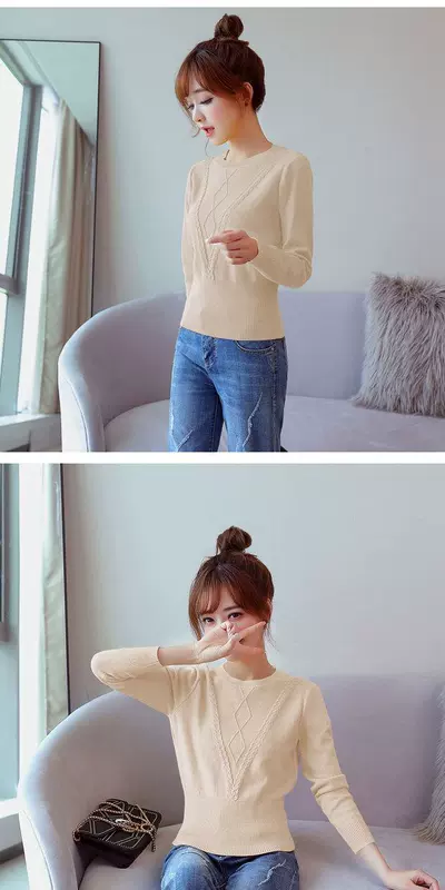Thu đông 2018 mới thời trang Hàn Quốc áo len mỏng trùm đầu xoắn áo len cổ tròn eo cao eo ngắn tay áo len áo len cao cổ
