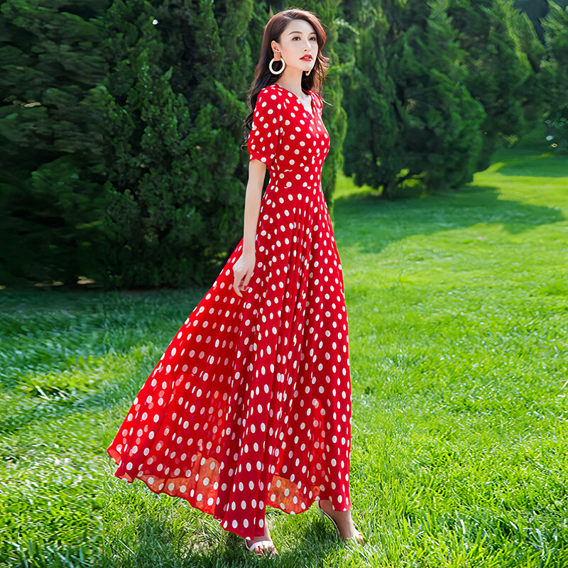 Red Dress Women's Summer Thin Extra Long Ankle-Length Elegant Large Size Elegant Chiffon Polka Dot Long Skirt