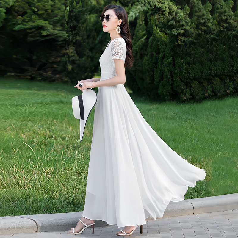 White Fairy-Like Long Dress with Chiffon Lace, Large Hem, Plus Size Dress for Women, Summer Extra-Long Style, Suitable for Petite Women, Reaching to the Ankles White Fairy-Like Long Dress with Chiffon Lace, Large Hem, Plus Size Dress for Women, Summer Extra-Long Style, Suitable for Petite Women, Reaching to the Ankles