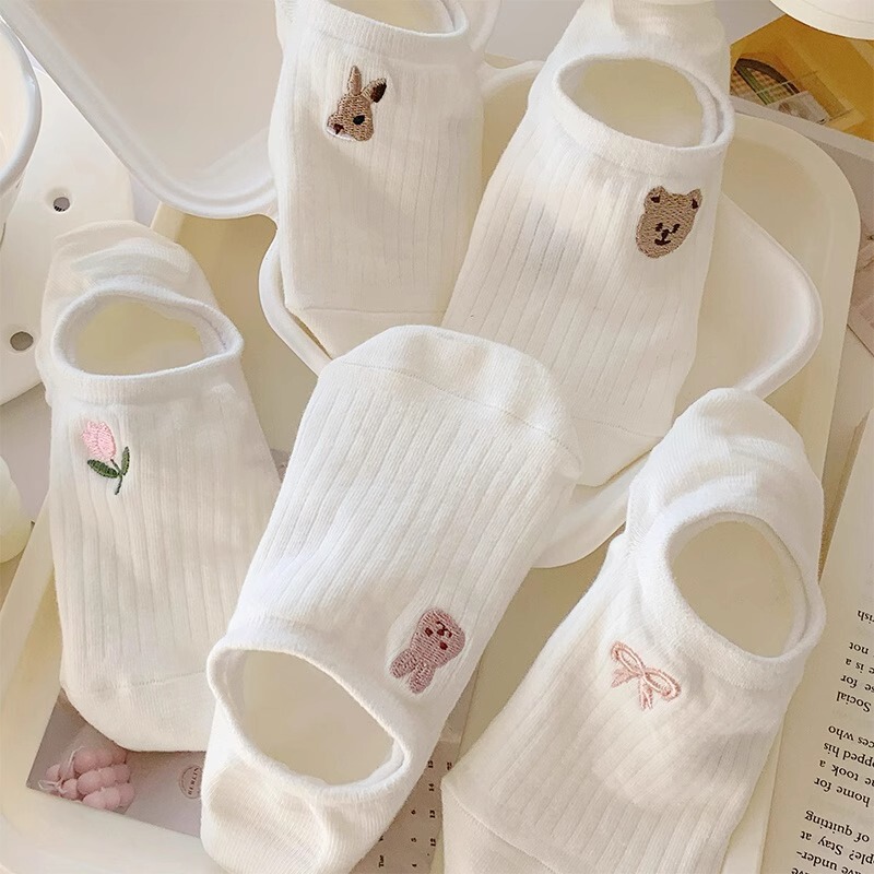 Cartoon White No-Show Socks for Women, Summer Thin Pure Cotton Non-Slip, Cute Japanese Style Invisible Low-Cut Short Socks