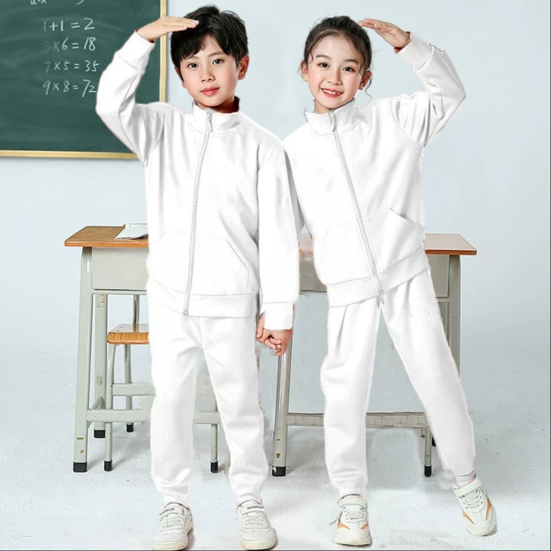 Boys and Girls Long-Sleeved White Pure White Sportswear for Primary and Secondary School Students, All-White Children's Class Uniforms and School Uniforms