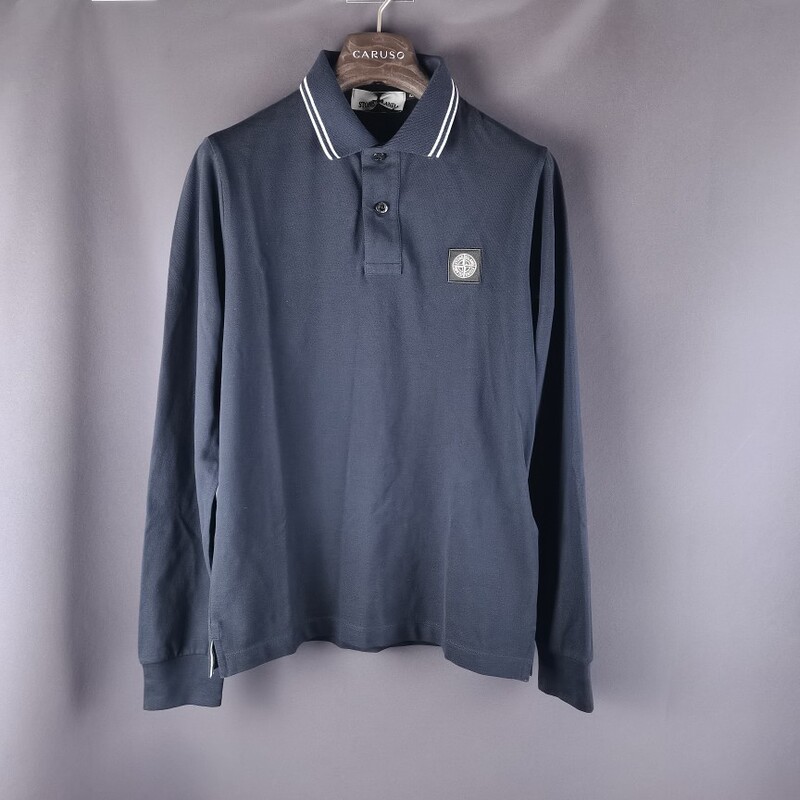 Stone Island Men's Small Logo Striped Collar Slim Fit Long Sleeve Polo Shirt
