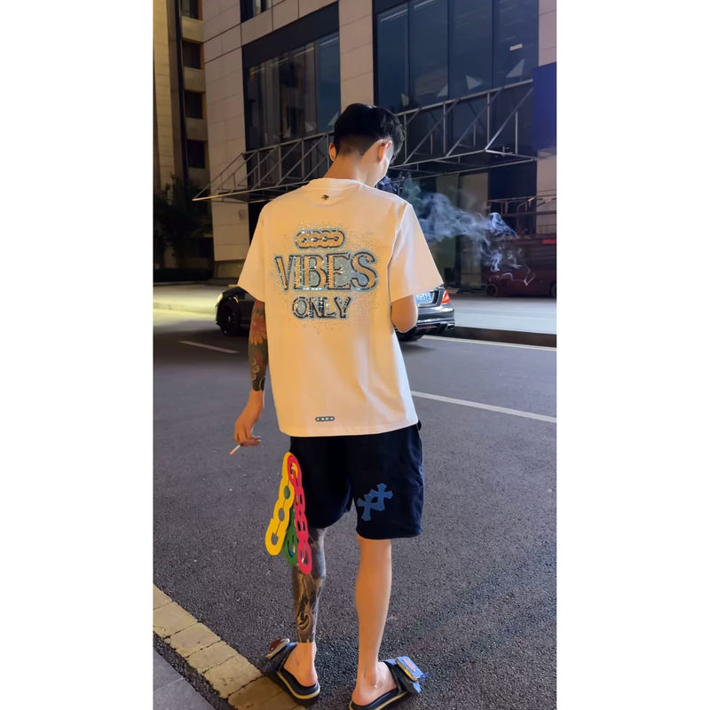 Summer New Style Good Blue Galaxy Tube Bead Sleeve Slogan Trendy Brand Short-Sleeve T-Shirt for Men, Same Style as Internet Celebrities, Loose Fit, Versatile