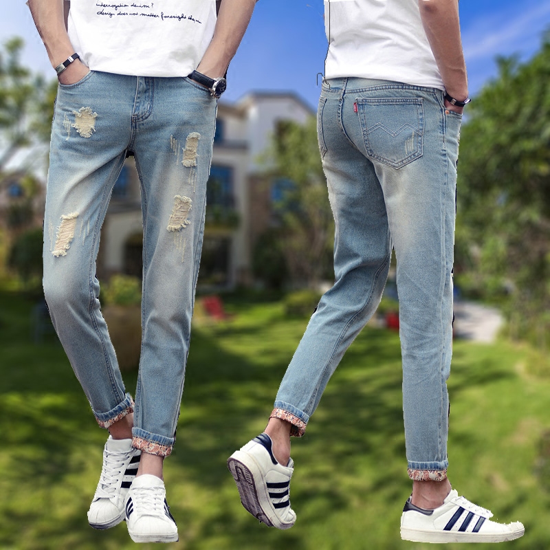 Quần jeans nam cắt cúp 9 điểm 8 nam và quần nam lỗ cho học sinh và giới trẻ 2018BF xu hướng gió và gió KZ quần áo nam đẹp	