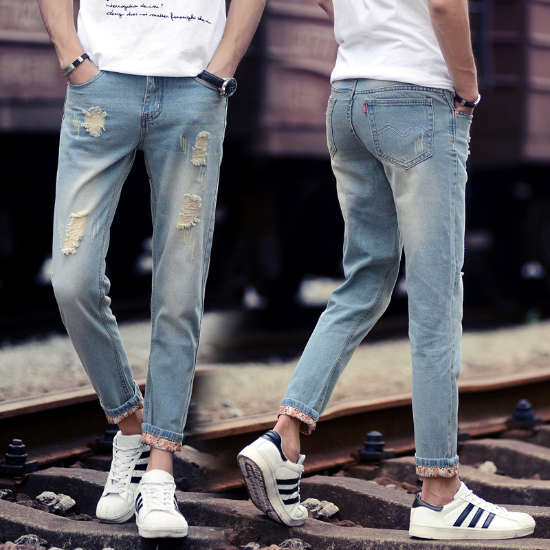 Quần jeans nam cắt cúp 9 điểm 8 nam và quần nam lỗ cho học sinh và giới trẻ 2018BF xu hướng gió và gió KZ quần áo nam đẹp	