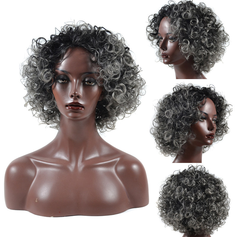 Wig Lady Short Hair Total Headgear Whole Headgear African Black Small Roll Black Deep Grandma Grey Temperament Wool Curry Wig Sleeve