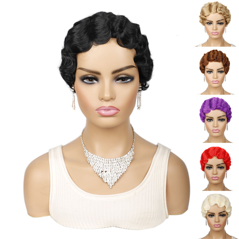 European and American Wigs for Women with Short Hair, African Black Short Curly Hair Wigs, Retro Shanghai Wigs, Water Wave Wigs