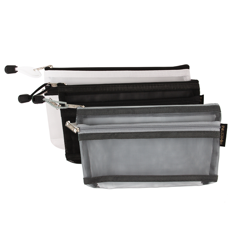 Japan-ROK minimalist double layer nylon mesh yarn pen bag student Cubism exam with stationery bag lukewarm and transparent pencil bag