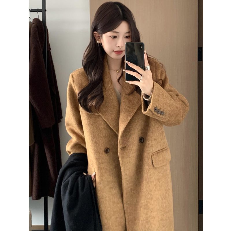 French-Style Light Luxury Cashmere Coat with Straight Shoulders, 2026 Autumn and Winter New Mid-Length Woolen Coat, Korean Version with a Straight Cut and Hammer Texture French-Style Light Luxury Cashmere Coat with Straight Shoulders, 2026 Autumn and Winter New Mid-Length Woolen Coat, Korean Version with a Straight Cut and Hammer Texture