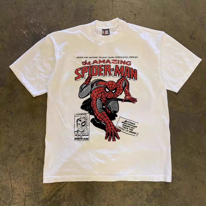 Buettiker American Style 260g Heavyweight Vintage Spider-Man Print Short-Sleeve T-Shirt Vintage Couple Top Summer Buettiker American Style 260g Heavyweight Vintage Spider-Man Print Short-Sleeve T-Shirt Vintage Couple Top Summer
