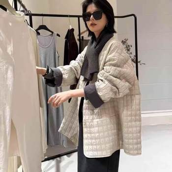 Loose plaid cotton coat + scarf Loose plaid cotton coat + scarf