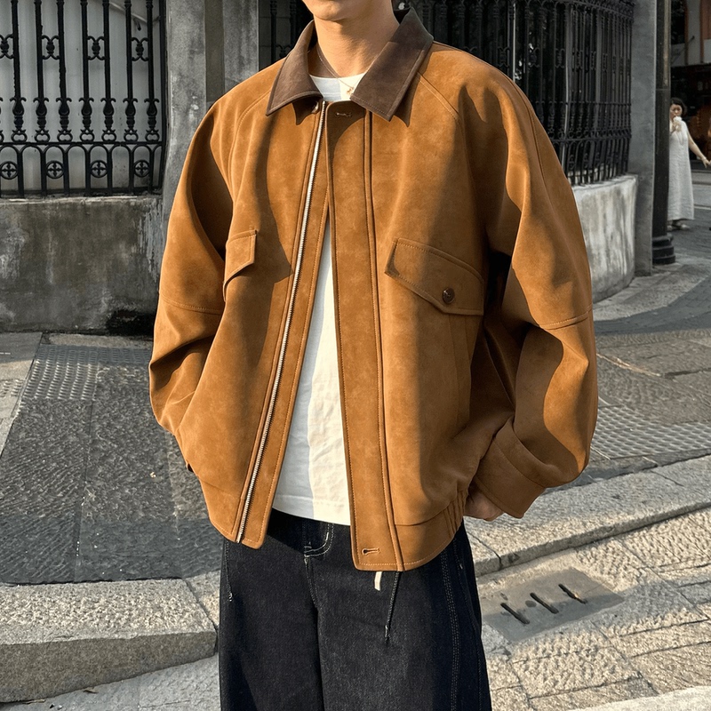 Manre Show Amber Flow Leather Jacket American Style Suede Leather Jacket Spring and Autumn Trendy Couple Jacket