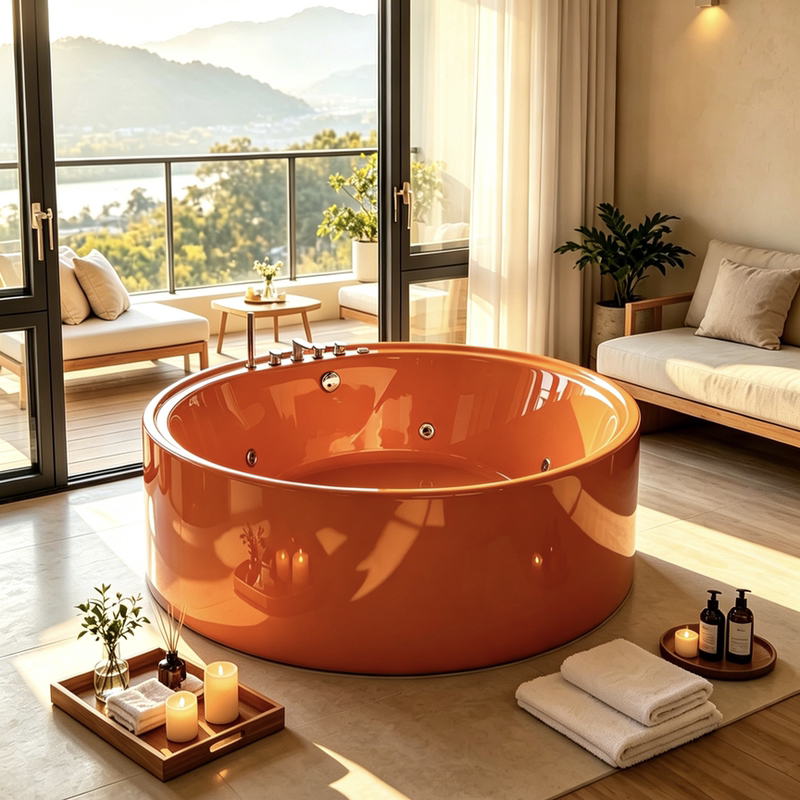 Hotel and B&B Round Freestanding Acrylic Bathtub for Home Use, Trendy Adult Integrated Thin-Edge Bathtub