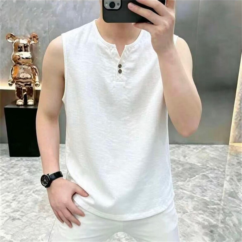Xiaoyao Ye Summer White Henley Collar Sleeveless T-Shirt for Men, High-End Breathable Versatile Casual Tank Top Trendy Top Xiaoyao Ye Summer White Henley Collar Sleeveless T-Shirt for Men, High-End Breathable Versatile Casual Tank Top Trendy Top
