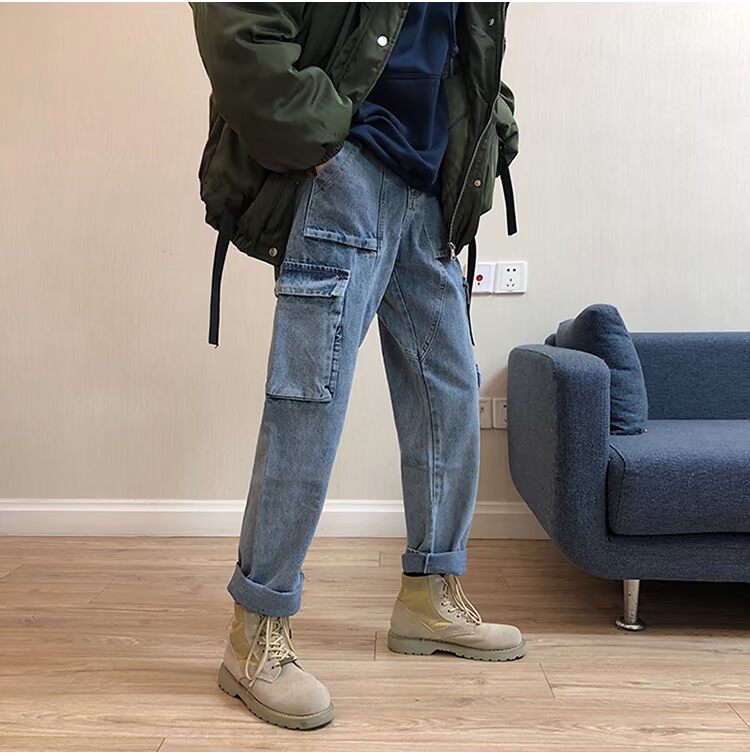 LES đẹp trai T Lin Bend Korea Ami jeans quần jean kiểu quân đội giản dị túi lớn quần yếm nam và nữ quần ống suông nam
