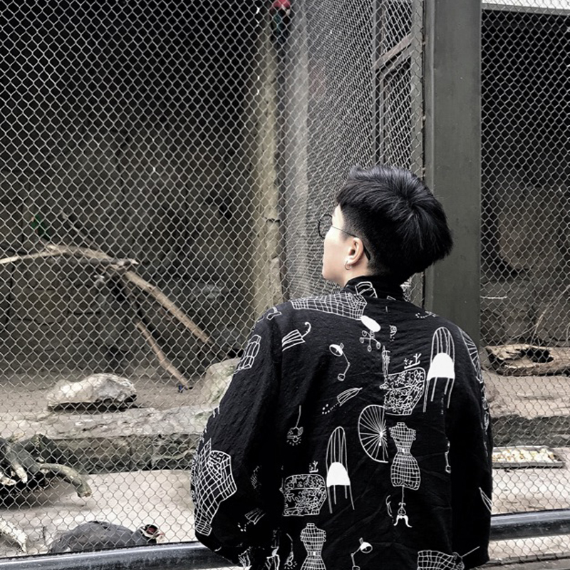LES帅T林弯弯春夏棉麻印花衬衣OV落肩宽松长袖衬衫防晒外套男女潮