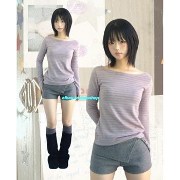 Eihey spring new versatile niche girls striped color matching long-sleeved t-shirt slim fit top for women