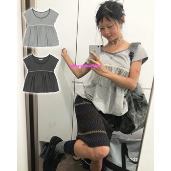 Eihey spring and summer new lace splicing design niche slimming pleated flower bud short-sleeved t-shirt tops for women