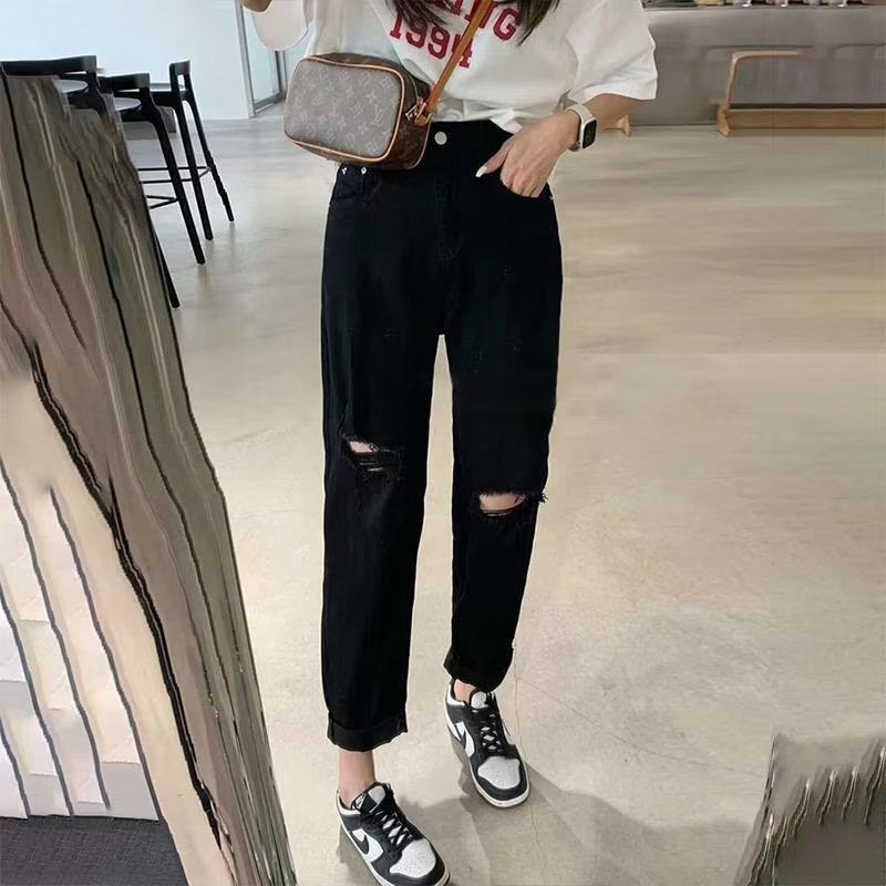 Ripped Jeans for Women, Summer Thin Style, Loose Fit, Stretchy, High-Waisted, Plus Size, Black, Cropped Cigarette Straight-Leg Pants for Petite Women