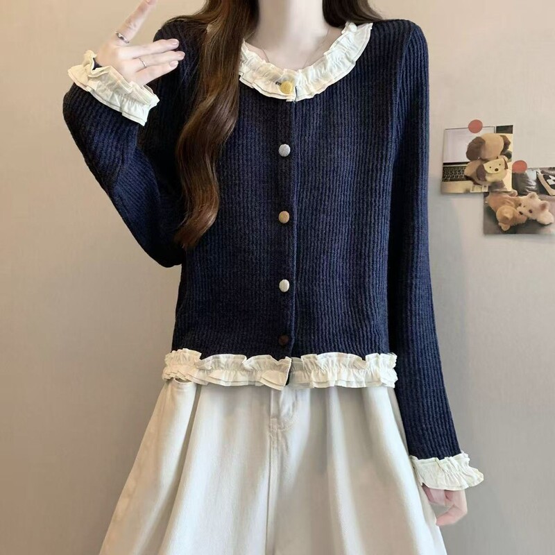 Fashionable and Youthful Striped Top with Colorful Buttons and Ruffle Design, Women's Shirt, New for Autumn and Winter 2025