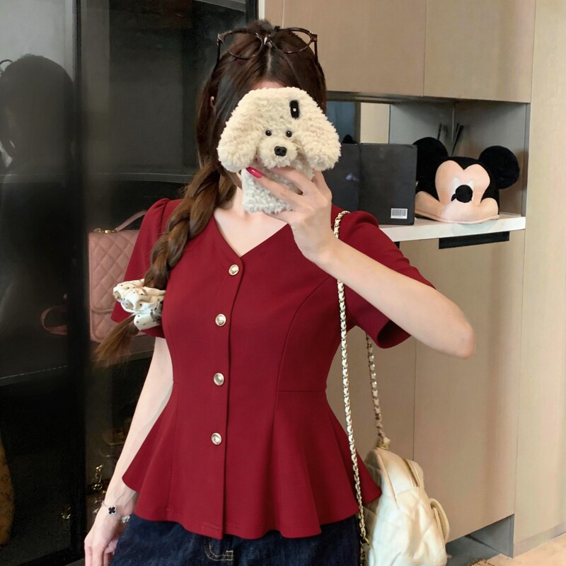 Plus-Size Chanel-Style Elegant and Sophisticated V-Neck Waist-Cinching Ruffled Blouse, Slimming Top, New Summer 2026 Model