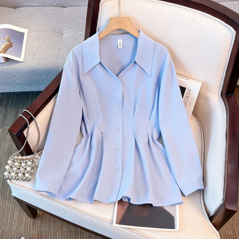 Plus-Size Slimming Tummy-Covering Stylish and Elegant Simple Long-Sleeve Shirt with a Turn-Down Collar, Mid-Length for Autumn 2025, for Chubby Girls