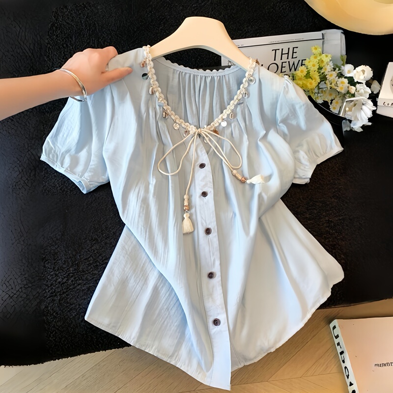 Bohemian Style Shell Tassel Design Short-Sleeved Shirt 2026 Summer New Style Puff-Sleeved Loose Flesh-Covering Top Bohemian Style Shell Tassel Design Short-Sleeved Shirt 2026 Summer New Style Puff-Sleeved Loose Flesh-Covering Top