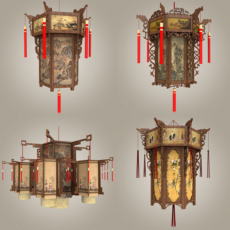 30套中式古典宫吊灯落地灯笼蟠龙灯灯具八角灯SU模型C4D素材-cg男孩