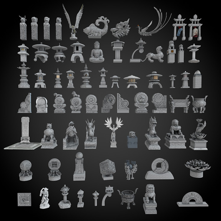 69款抱鼓石狮生肖复古fbx中式景观雕塑鼎朱雀灯SU模型C4D素材-cg男孩